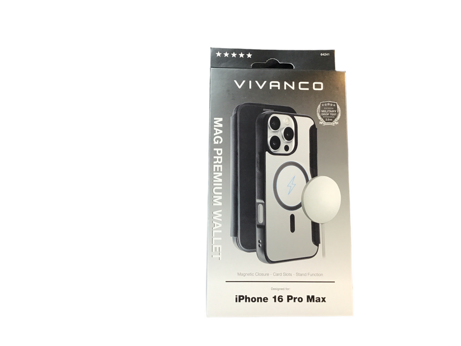 VIVANCO
MAG PREMIUM Wallet für iPhone 16 Pro Max, 2.0m Drop-Protection, MagSafe Suport