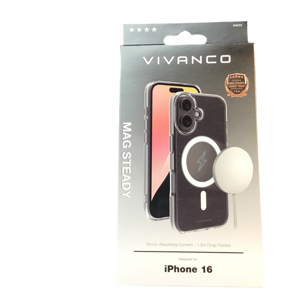 VIVANCO
Mag Steady Anti Shock Cover, Magnetic Wireless Charging Support für iPhone 16