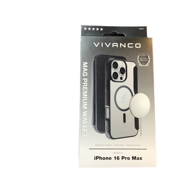 VIVANCO
MAG PREMIUM Wallet für iPhone 16 Pro Max, 2.0m Drop-Protection, MagSafe Suport