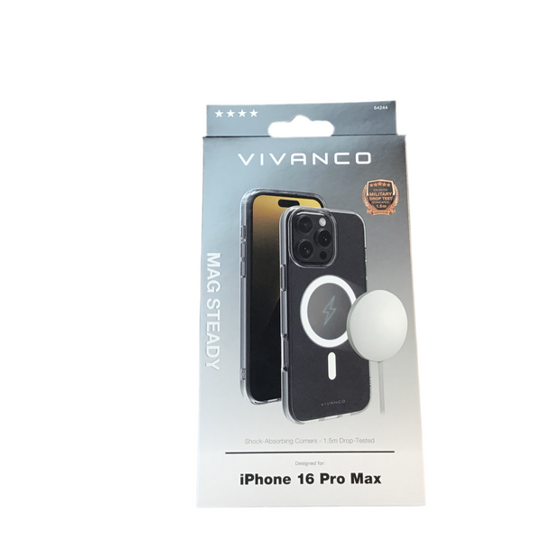 VIVANCO
Mag Steady Anti Shock Cover, Magnetic Wireless Charging Support für iPhone 16 Pro Max