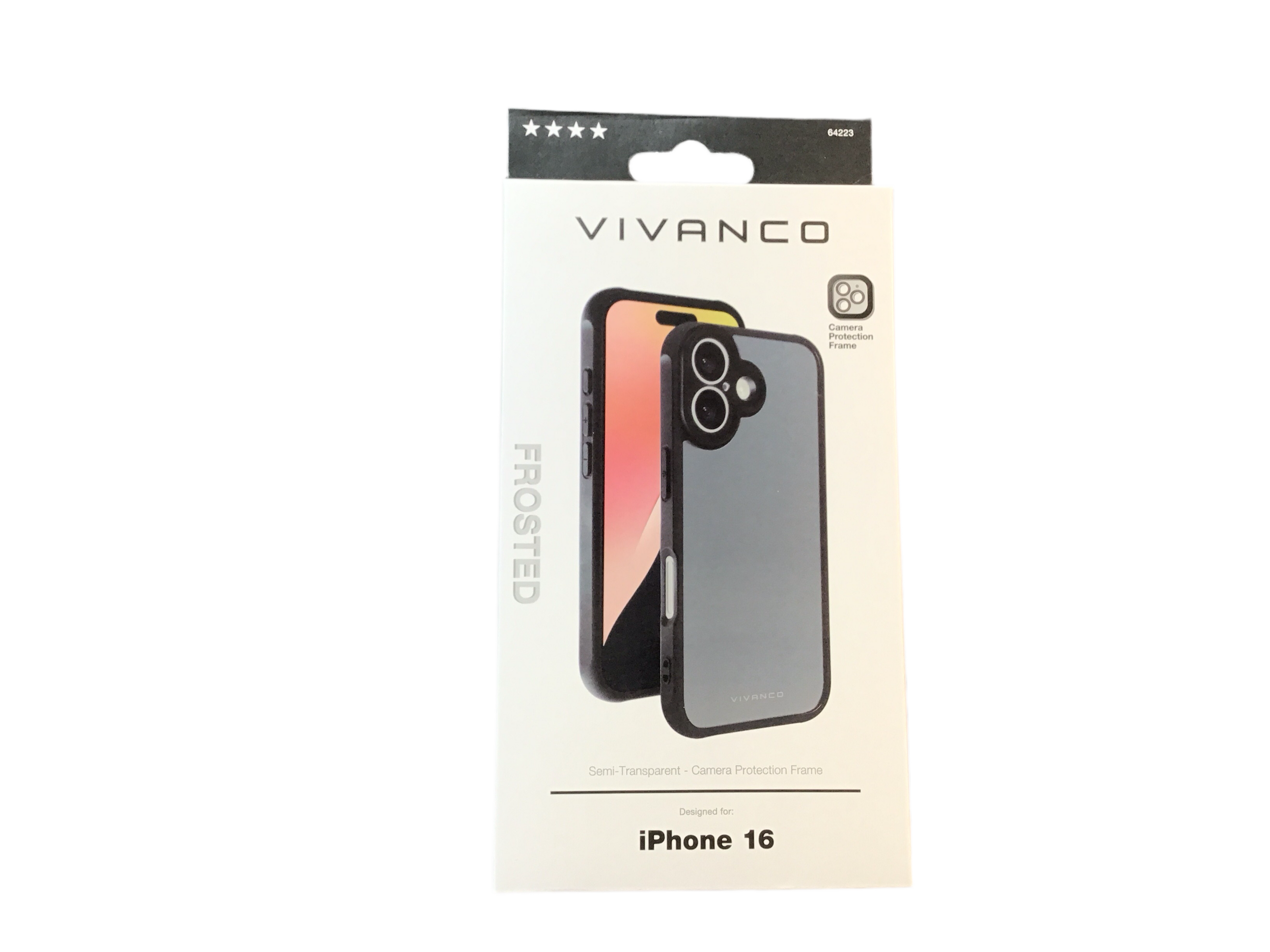 VIVANCO Frosted Cover für iPhone 16 mit integriertem Kamera Schutzrahmen, semi-transparent/schwarz