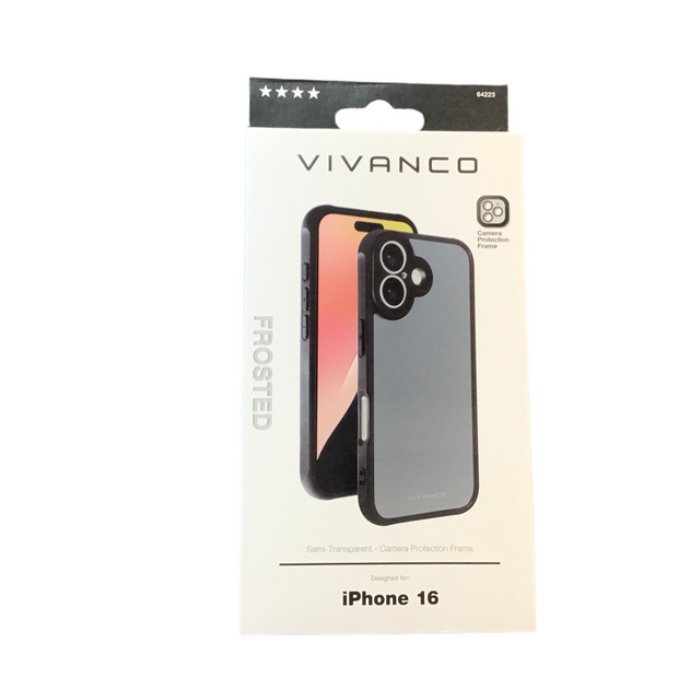 VIVANCO Frosted Cover für iPhone 16 mit integriertem Kamera Schutzrahmen, semi-transparent/schwarz