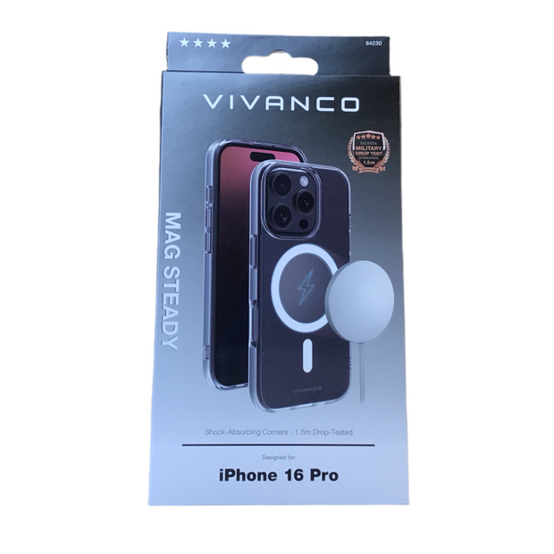 VIVANCO
Mag Steady Anti Shock Cover, Magnetic Wireless Charging Support für iPhone 16 Pro